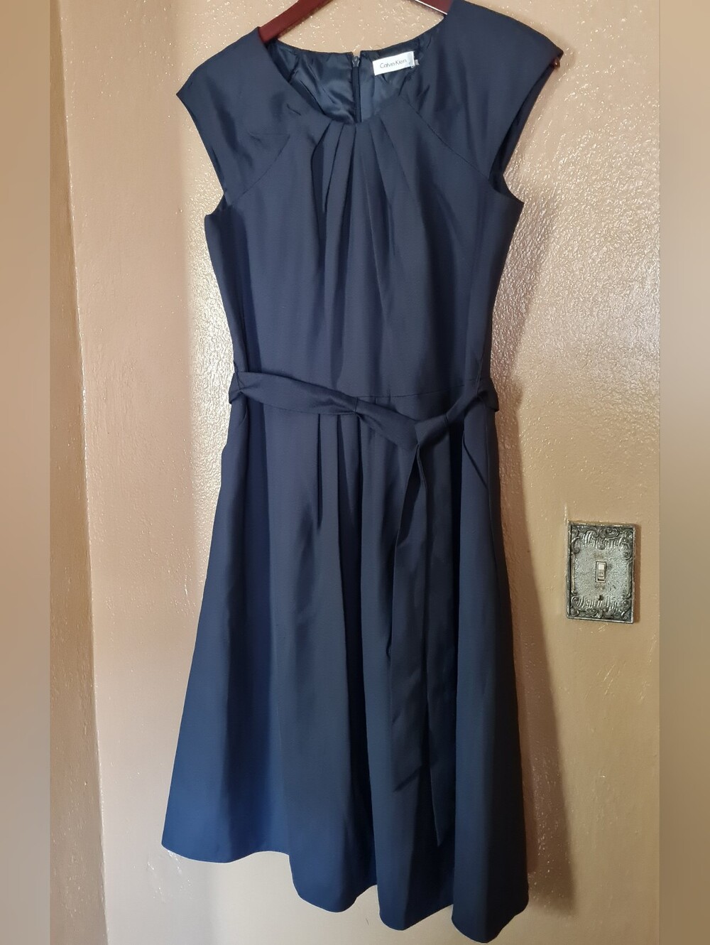 Calvin Klein Navy Cap-Sleeve Belted Dress